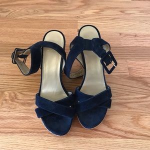 Stuart Weitzman navy suede wedge sandals